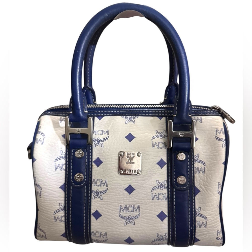 MCM Visetos Coated Canvas Blue and White Satchel